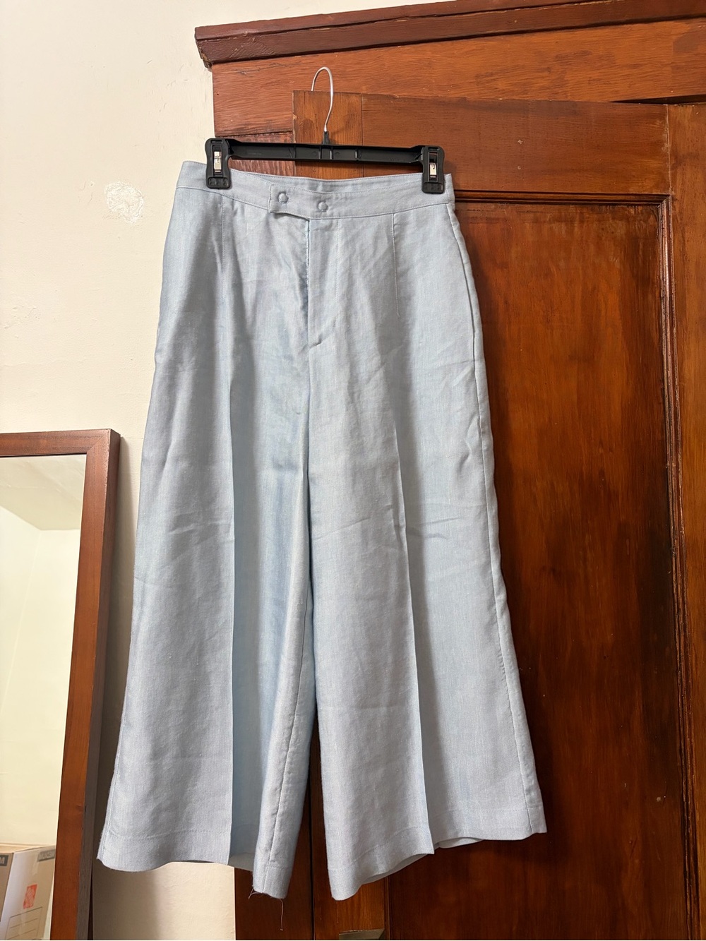 Wide Leg Linen-Blend Petite Pants in Light Blue